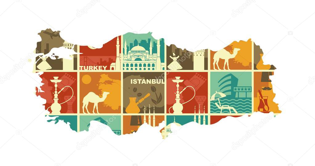 Traditional symbols of Turkey and Istanbul. Vector illustration in the form of a map of Turkey