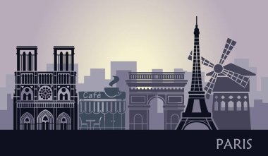 Stilize yatay bir Paris, Eyfel Kulesi, arc de Triomphe ve Notre Dame Katedrali ve diğer konumlar