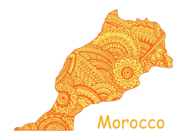 Mapa vetorial texturizado de Marrocos. Padrão etno desenhado à mão, fundo tribal . — Vetor de Stock