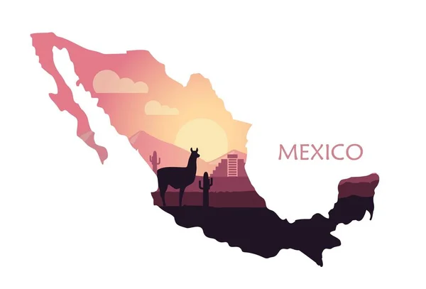 Stylized landscape of Mexico with a llama and cactuses in the form of a map of Mexico — Stock Vector