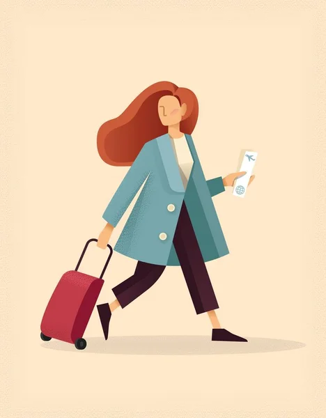 Fille voyageur tenant valise et billet. Illustration plate — Image vectorielle