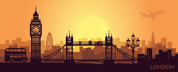 Στυλιζαρισμένη τοπίο του Λονδίνου με το Μπιγκ Μπεν, γέφυρα του Πύργου και άλλα αξιοθέατα — Διανυσματικό Αρχείο