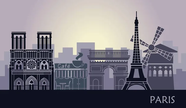 Стилизованный пейзаж Парижа с Эйфелевой башней, Триумфальной аркой и собором Нотр-Дам и другими достопримечательностями — стоковый вектор