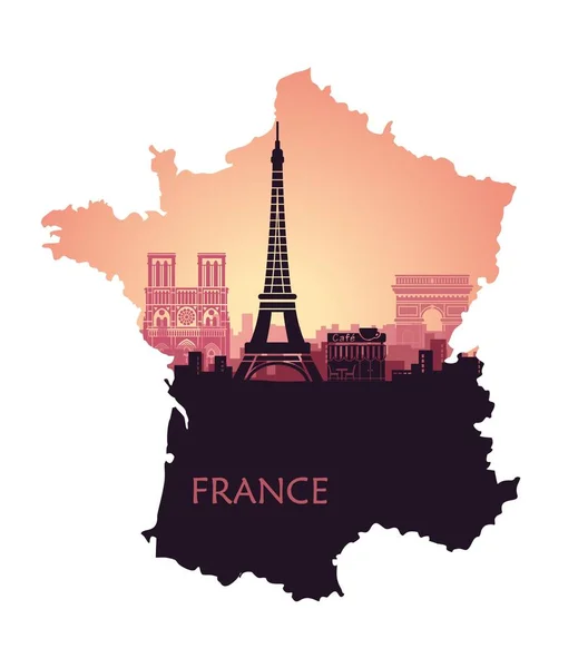 Stilizált tájkép-Párizs az Eiffel-torony, arc de Triomphe-tól és a Notre Dame-katedrális, Franciaország Térkép formájában — Stock Vector