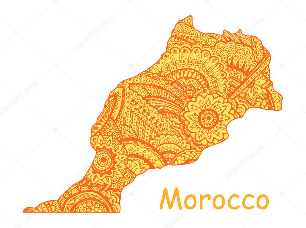 Textured vector map of Morocco. Hand drawn ethno pattern, tribal background.