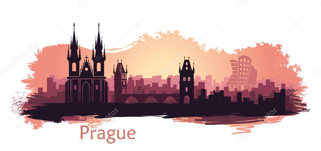 Landscape of Prague with sights. Abstract skyline at sunset with spots and splashes of paint