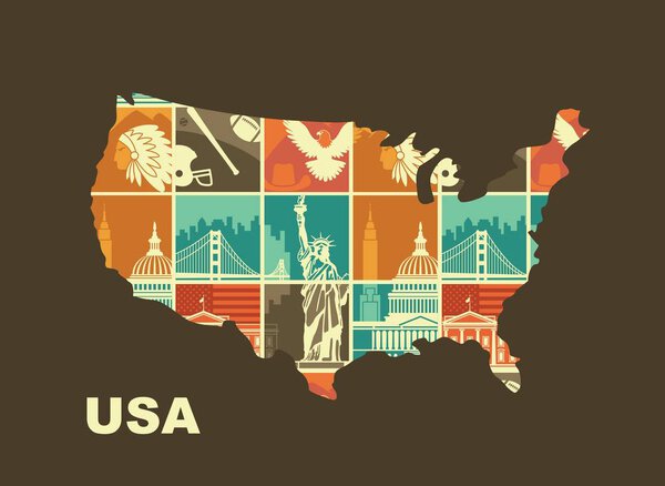 Map of the USA with traditional symbols. Stylized illustration