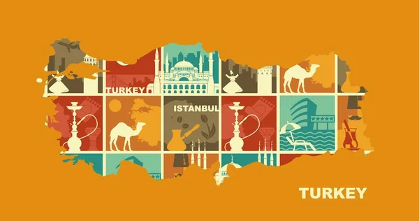 Traditional symbols of Turkey and Istanbul. Vector illustration in the form of a map of Turkey — Stock Vector