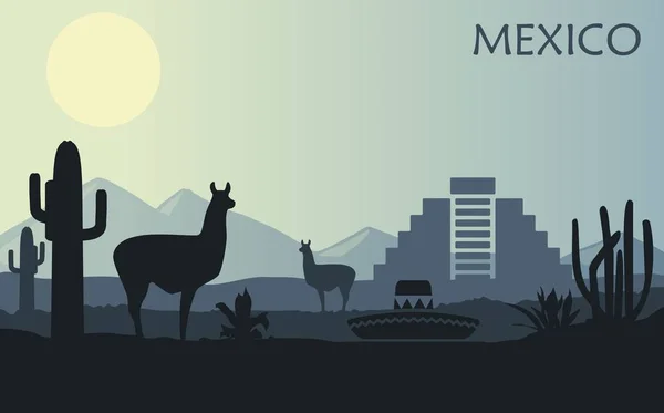 Stilisierte Landschaft Mexikos mit Lamas, Kakteen und antiken Pyramiden. — Stockvektor