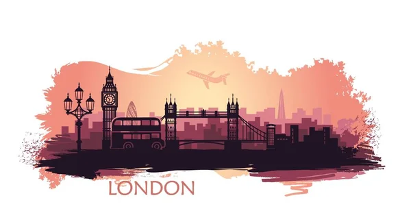 Стилизованный пейзаж Лондона с Биг-Беном, Тауэрским мостом и другими достопримечательностями — стоковый вектор