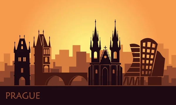 Paisagem estilizada de Praga com os principais pontos turísticos ao pôr do sol — Vetor de Stock