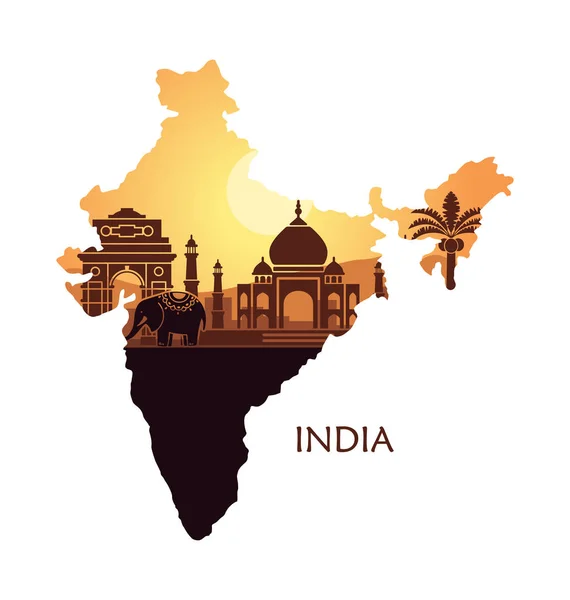 Mapa de la India con un paisaje estilizado, el Taj Mahal y un elefante — Archivo Imágenes Vectoriales