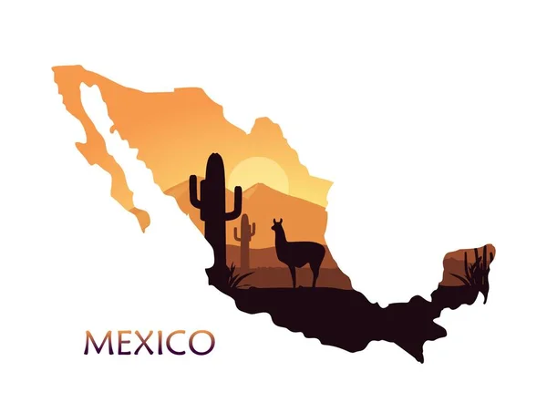 Stylized landscape of Mexico with a llama and cactuses in the form of a map of Mexico — Stock Vector