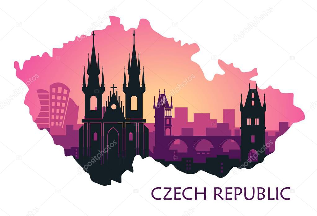 Landscape of Prague with sights. Abstract skyline in the form of a map of the Czech Republic