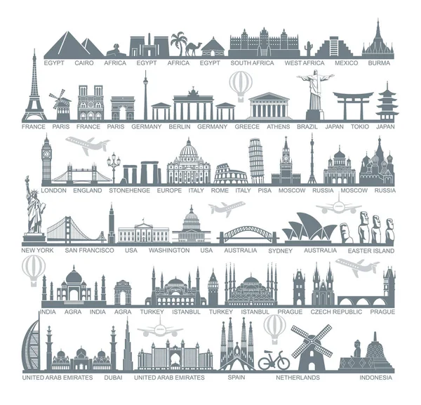 Ícones atrações turísticas mundiais e marcos arquitetônicos —  Vetores de Stock