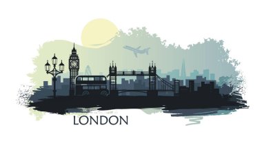 Big Ben, tower bridge ve diğer konumlar ile Londra stilize manzara