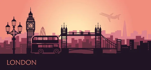 Abstraktes Stadtbild Londons mit den Sehenswürdigkeiten bei Sonnenuntergang — Stockvektor