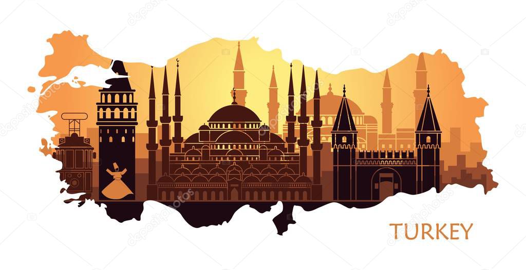 Abstract landscape of Istanbul with the main sights in the form of a map of Turkey