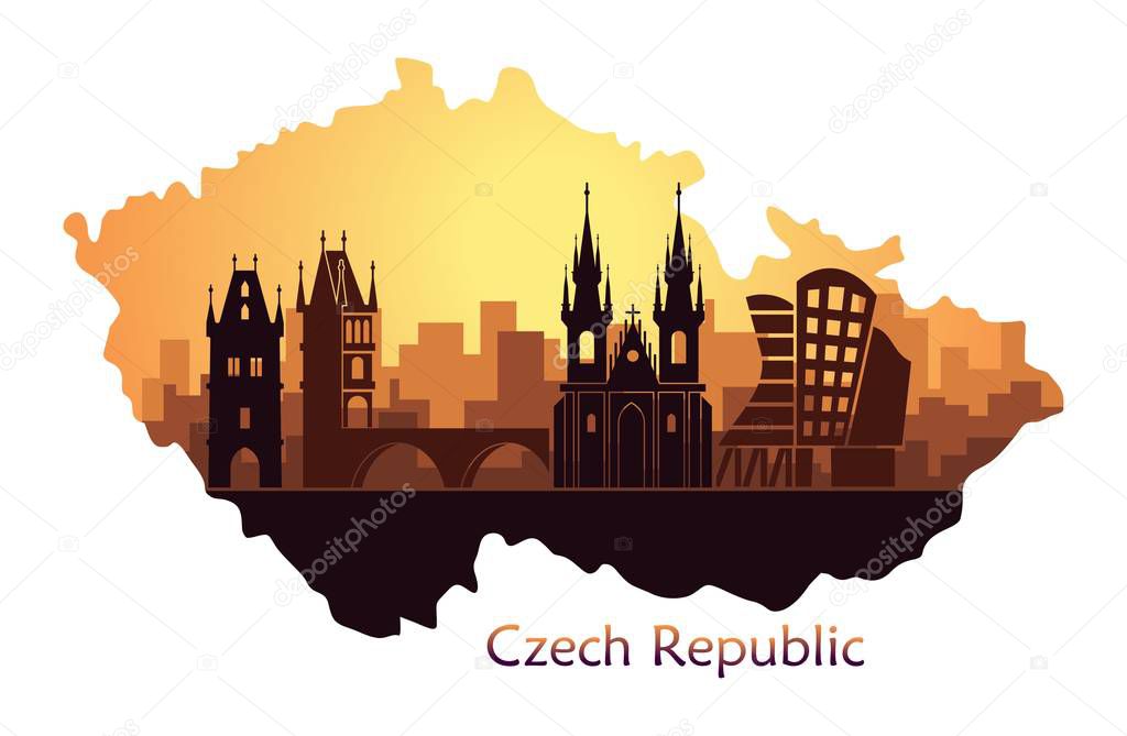 Landscape of Prague with sights. Abstract skyline in the form of a map of the Czech Republic