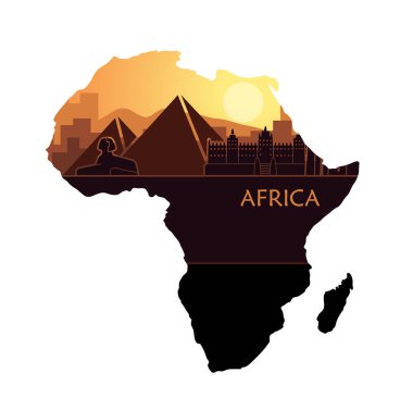 Afrika sights Afrika Haritası şeklinde gün batımında soyut manzara