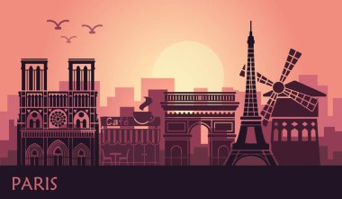 Stilize yatay bir Paris, Eyfel Kulesi, arc de Triomphe ve Notre Dame Katedrali ve diğer konumlar