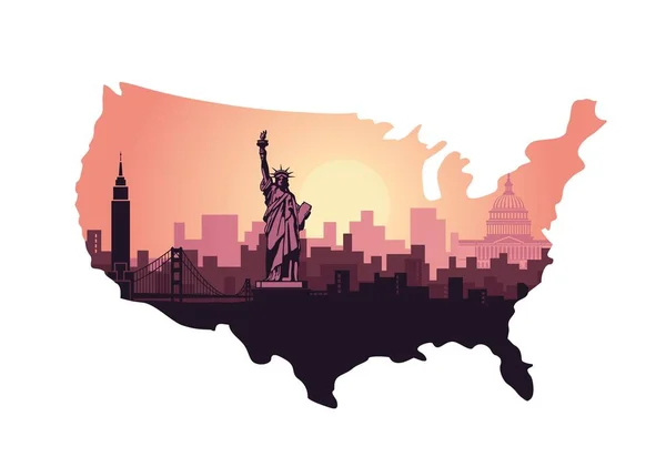 Abstrakte Stadtsilhouette mit den Sehenswürdigkeiten der USA bei Sonnenuntergang in Form von Karten — Stockvektor