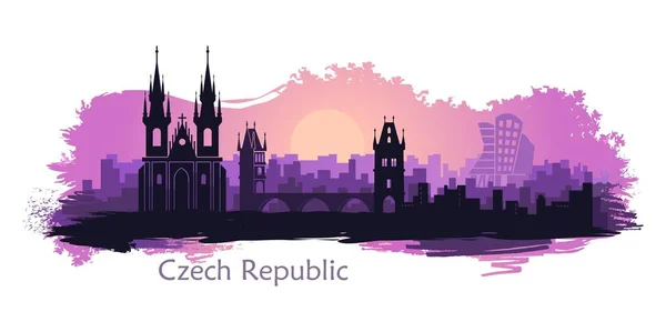 Stiliserat landskap i Prag med de viktigaste sevärdheterna på ssunrise — Stock vektor