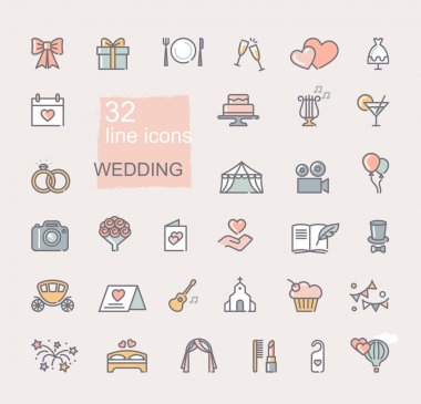 Düğün simgesi seti. Çizgi renkli semboller. Vektör simgeleri