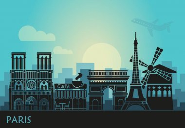 Stilize yatay bir Paris, Eyfel Kulesi, arc de Triomphe ve Notre Dame Katedrali ve diğer konumlar