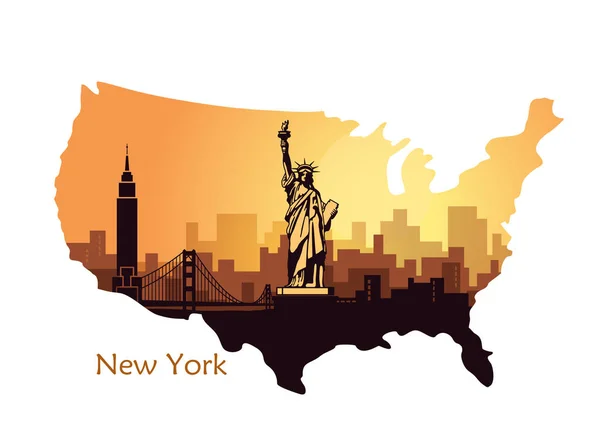 Abstract city skyline with sights of New York at sunset in the form of map the USA — Stock Vector