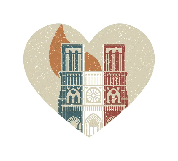Płonąca Katedra Notre Dame de Paris w barwach francuskiej flagi. Wektor płaski ikona w kształcie serca — Wektor stockowy