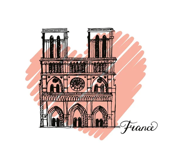 Notre Dame de Paris Cathedral, Frankrike. Illustration i stil med hand ritning — Stock vektor