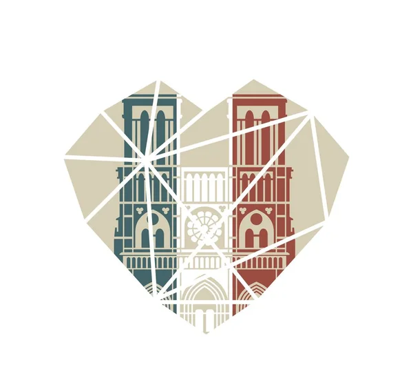 Catedral de Notre Dame de París en los colores de la bandera francesa. Icono plano vectorial en forma de corazón roto — Archivo Imágenes Vectoriales