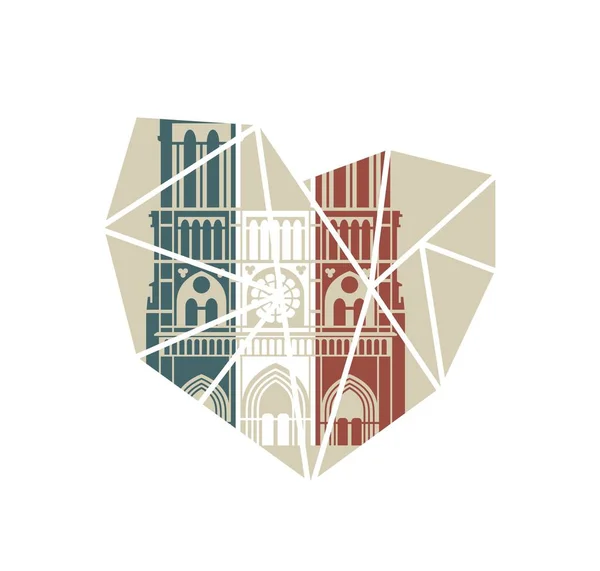 Cattedrale di Notre Dame de Paris nei colori della bandiera francese. Icona piatta vettoriale a forma di cuore spezzato — Vettoriale Stock