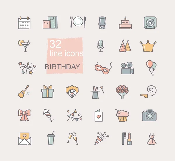 Lineare Geburtstagssymbole gesetzt. Happy Birthday Party Symbole — Stockvektor