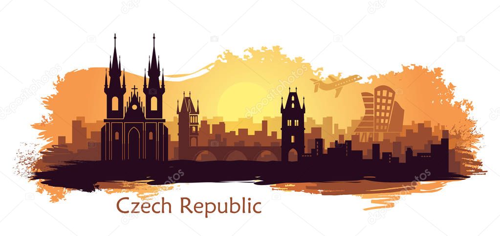 Stylized landscape of Prague with the main sights at ssunrise