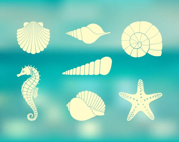 五颜六色的背景上贝壳、海马和海星的剪影，带有去聚焦的灯光 — 图库矢量图片