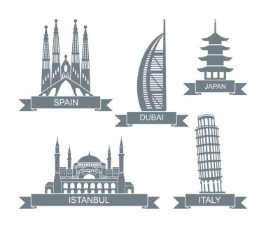 Dünyanın mimari cazibesi. Stilize edilmiş düz simgeler. İspanya, İtalya, Dubai, Japonya, Türkiye