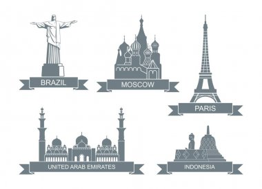 Dünyanın mimari cazibesi. Stilize edilmiş düz simgeler. Brezilya, Paris, Moskova, Dubai, Endonezya