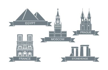 Dünyanın mimari cazibesi. Stilize edilmiş düz simgeler. Moskova, Prag, Mısır, Paris, İngiltere 'nin simgeleri