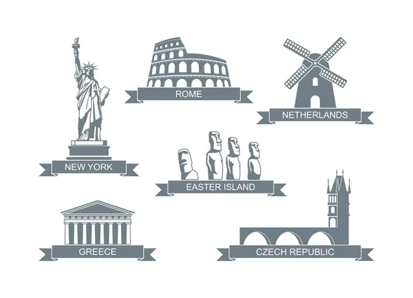 World architectural attractions. Stylized flat icons The statue of liberty, the Colosseum, the Parthenon and other