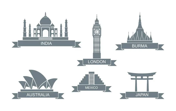 Atracciones arquitectónicas mundiales. Iconos planos estilizados El Taj Mahal, Big Ben y otros — Vector de stock