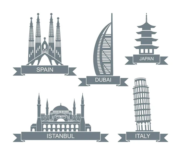 Atrações arquitetônicas mundiais. Ícones planos estilizados. Marcos em Espanha, Itália, Dubai, Japão, Turquia —  Vetores de Stock