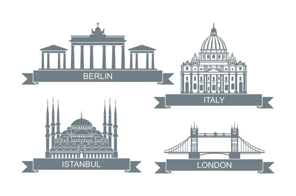 世界の建築の魅力。スタイル化されたフラットアイコン。ローマ、ロンドン、イスタンブール、ベルリンのランドマーク — ストックベクタ