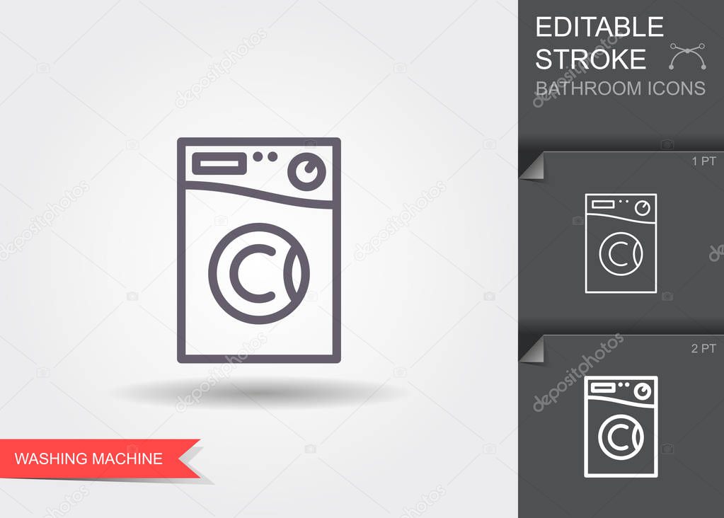 Washing machine. Outline icon with editable stroke. Linear symbol of the bathroom with shadow