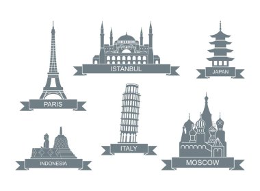 Dünyanın mimari cazibesi. Stilize edilmiş düz simgeler. Paris, İstanbul, Japonya, İtalya, Rusya, Endonezya