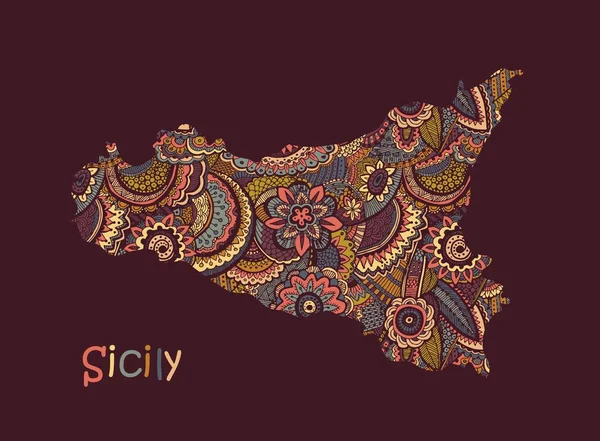 Textured vector map of Sicily. Hand drawn ethno pattern — Stock Vector