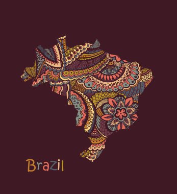 Brezilya dokulu vektör harita. Elle çizilmiş etno desen, aşiret arka plan.