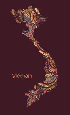 Vietnam dokulu vektör haritası. El çizilmiş etno deseni, kabile arka planı.