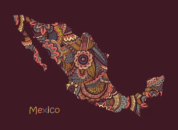 Mapa vetorial texturizado do México. Padrão etno desenhado à mão, fundo tribal . — Vetor de Stock